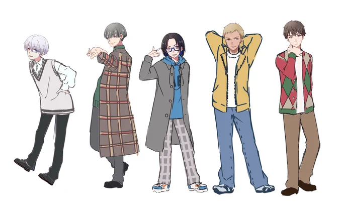 今回の男子私服差分のデザイン案。男性のファッションはほんとわからなくて大変…! 