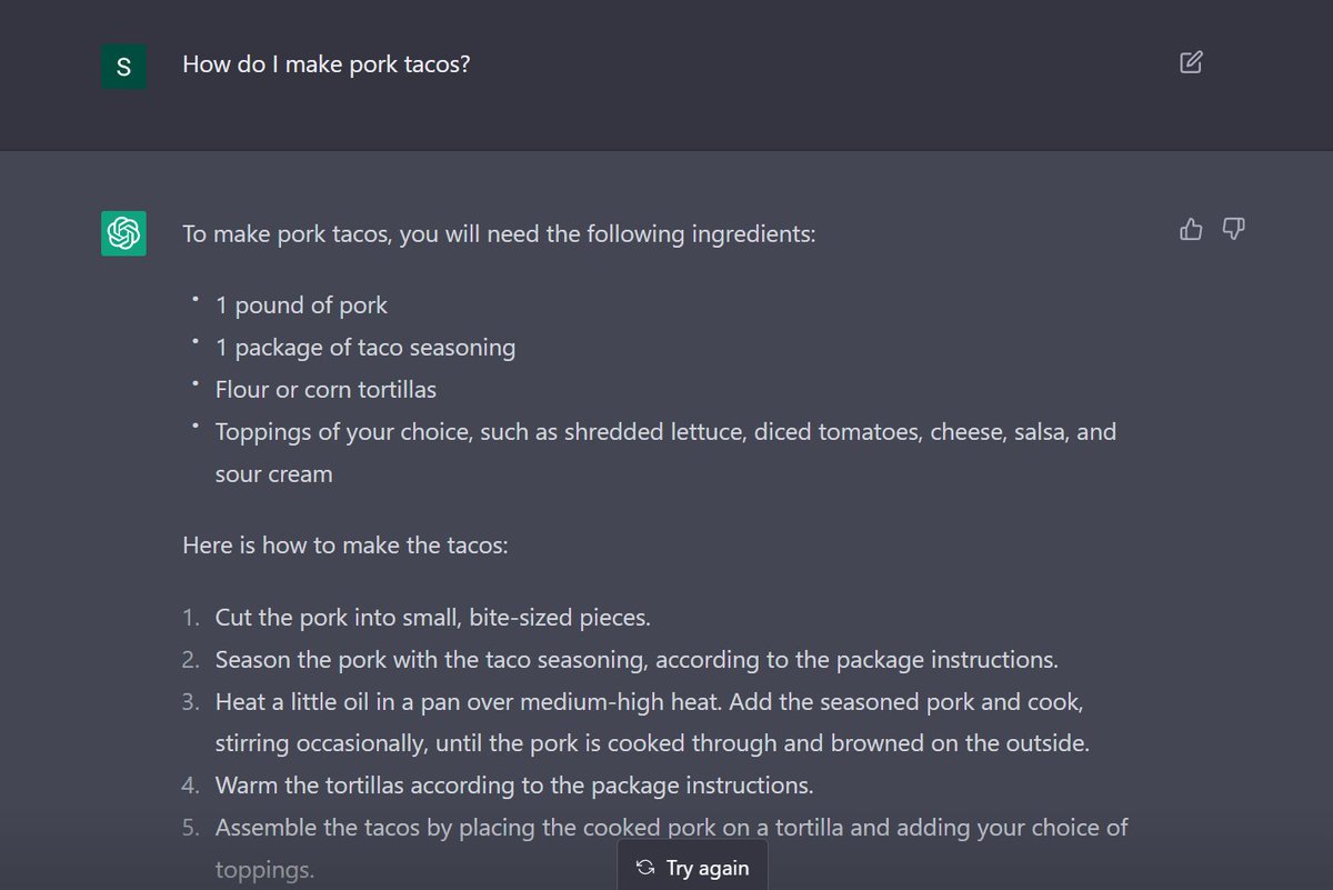 ScottMccTech's tweet image. ChatGPT is crazy. One use case that already looks promising is for generating alternative recipes if you&apos;re allergic to something or missing ingredients #ChatGPT