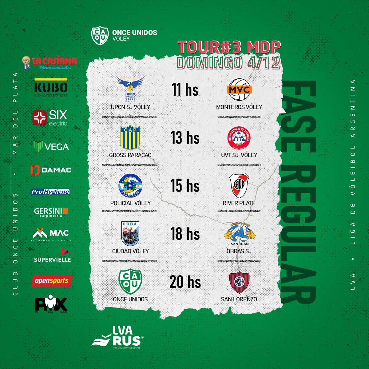 #LVARUS22-23 #FaseRegular
🔜 4 DIC / 20hs
ONCE UNIDOS vs SAN LORENZO
.
.
Once Unidos es la gente alentando! 💪💚🇳🇬
Once unidos es pasión!💚
.
#UnaLigaMas
#Tour#3MarDelPlata
.
.
<a href="/clubonceunidos/">Club Once Unidos</a>  <a href="/VoleyACLAV/">Liga de Voleibol Argentina ACLAV</a>  <a href="/DeportesMGP/">Deportes Mar del Plata</a>  <a href="/mardelplata/">Turismo Mar del Plata</a>