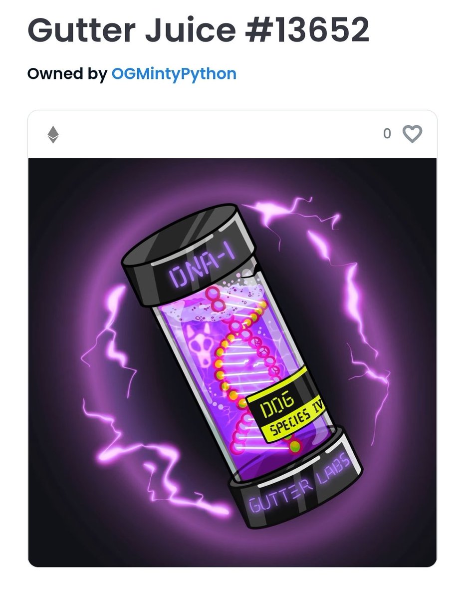 Ogmintypython's tweet photo. @oggutterranch @GutterCatGang @DJPaulyD got you @DJPaulyD dm your eth address if ur interested. got a #dna1 juice for you. #guttercat or #gutterdog. your choice. https://t.co/Zqafof5PCg