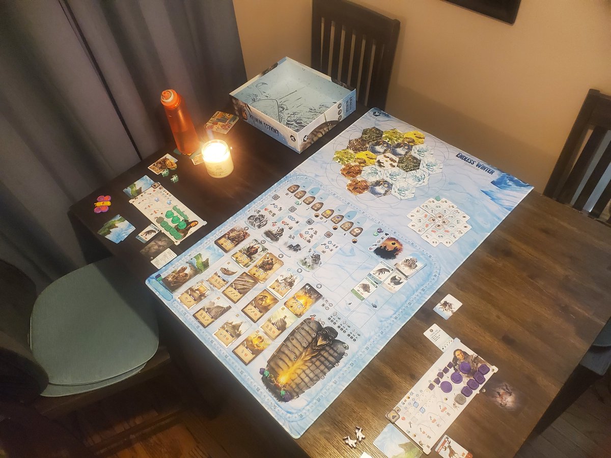 ryanpatrickh's tweet photo. Playing Endless Winter from @FantasiaGames_  and created by Stan Kordonskiy. The game mat is massive. We almost need a bigger table but the game is so good and it looks amazing. Pictures don't do it justice https://t.co/ImhiyGk35e