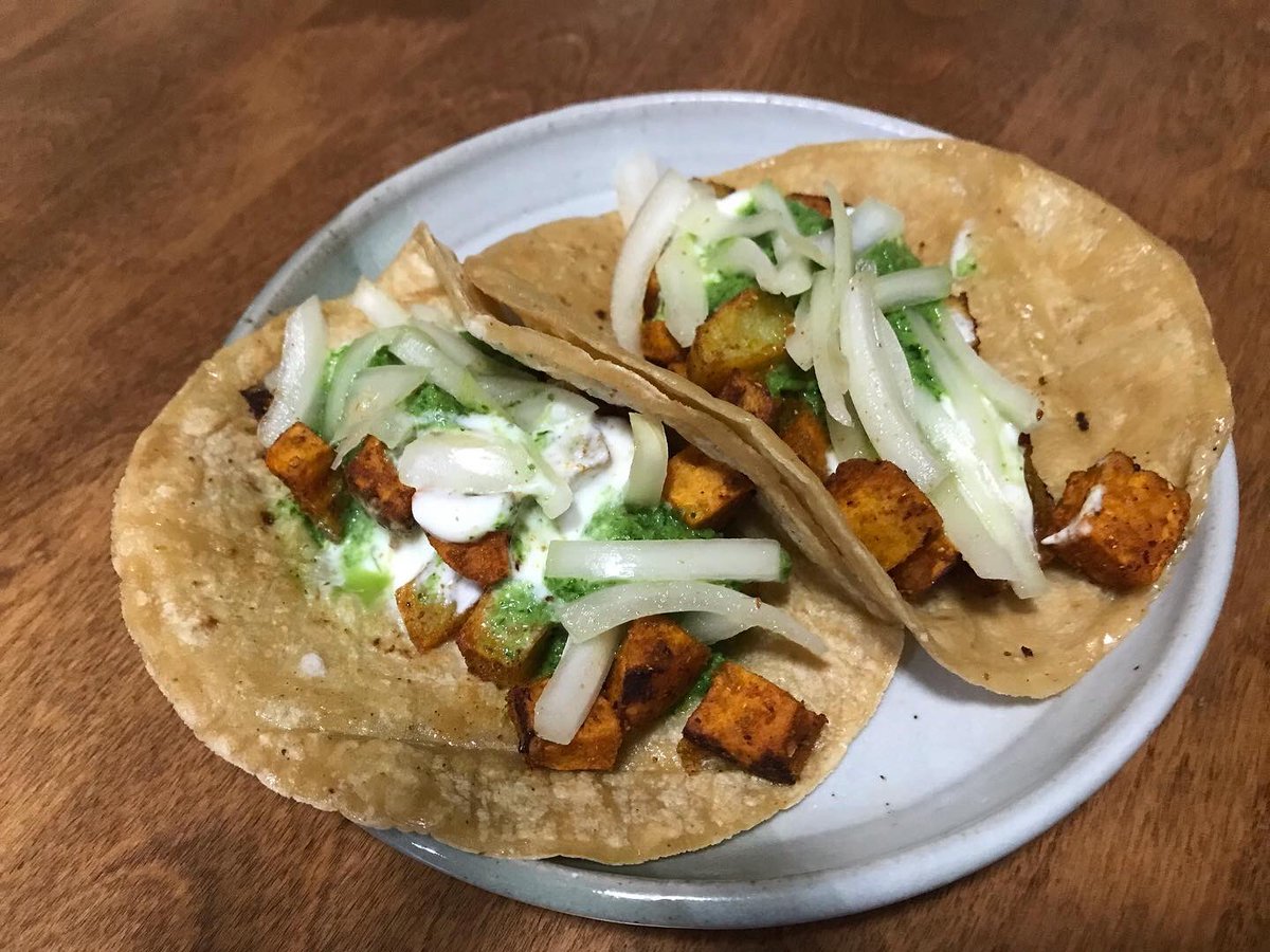 New recipe in the making! Spicy roasted sweet potatoes tacos with cilantro yogurt sauce & crunchy pickled onions #indianflavors #indianfood