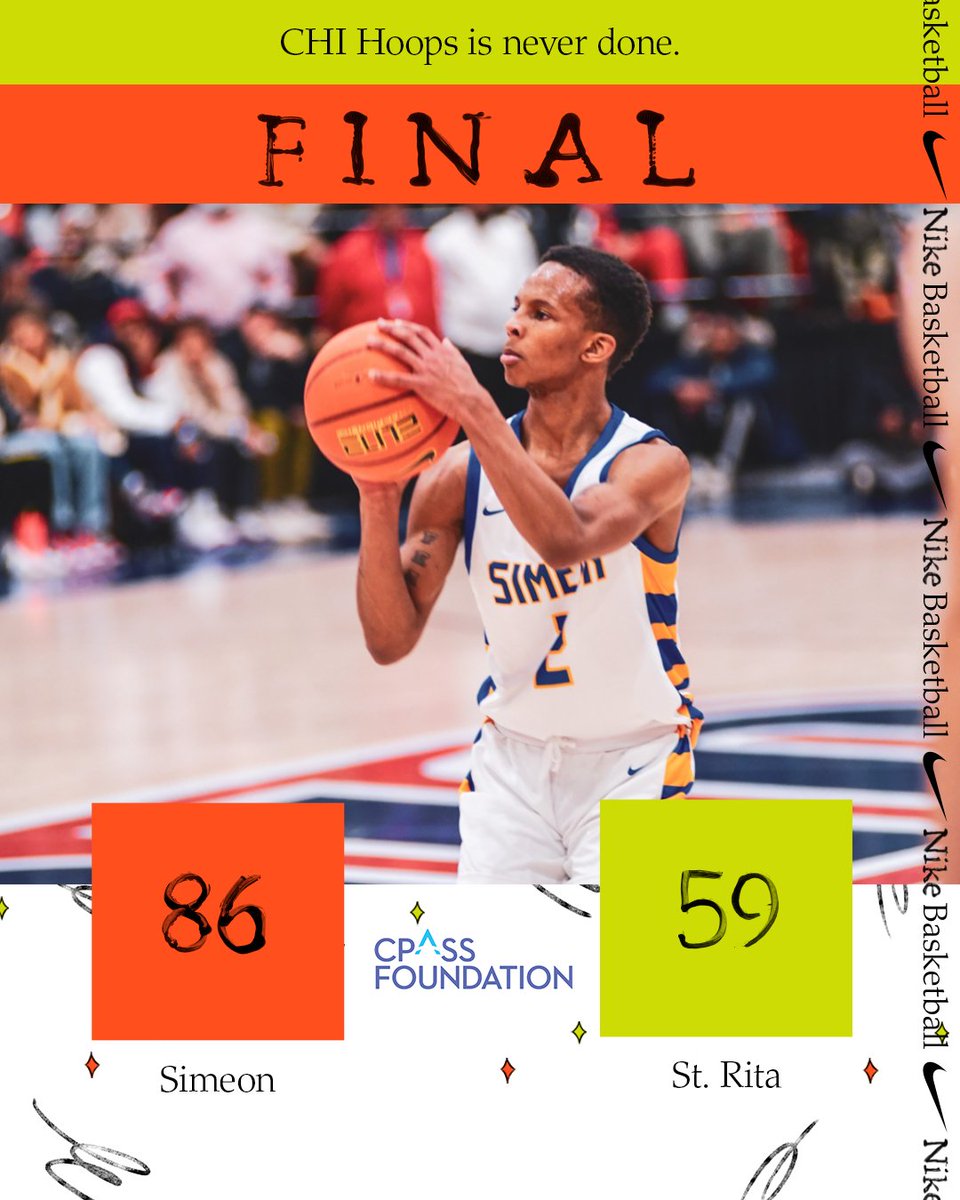 ChiEliteClassic's tweet photo. Simeon defeats St. Rita 86-59! Final score presented by CPASS. #ChiEliteClassic https://t.co/y0Ul22VImr