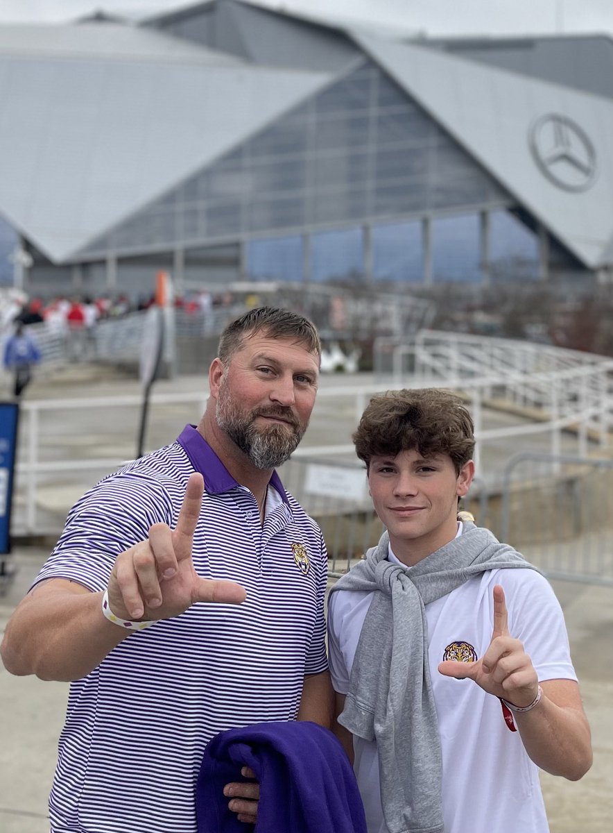 morganpap12's tweet photo. Got to finally meet this guy today @MattMoscona @LSUfootball fought their asses off…..possibly just got a glimpse of the future 🤔.  Overall not a bad 18th birthday for my son @BraedenMorgan4 https://t.co/F6uhTKBEeq