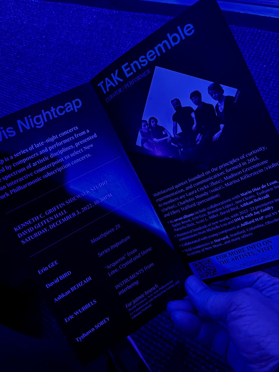 Def worth staying up for! <a href="/TAKensemble/">TAK Ensemble</a> playing  <a href="/_eringee/">Erin Gee</a>, <a href="/davidbirdtv/">David Bird</a>, Ashkan Behzadi, <a href="/EricWubbels/">Eric Wubbels</a>, and a Tyshawn Sorey world premiere, For Jamie Branch 🙏. #newmusic <a href="/LincolnCenter/">Lincoln Center</a>