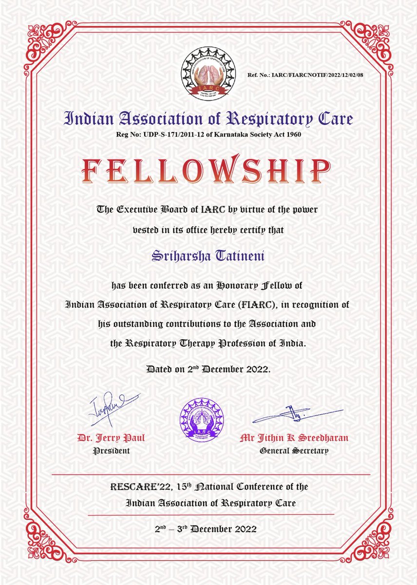 IARCToday's tweet photo. Honorary Fellowship in Respiratory Care is awarded to;
Sriharsha Tatineni RRT, FIARC
Fellow of the Indian Association of Respiratory Care 2022
#FIARC #Fellowship #award #RESCARE22
@tatinenis @IRCCouncil @MoHFW_INDIA @AyushmanNHA @IjrcTweets @LungHealthEd @SEHAHealth https://t.co/AICB7hc9be