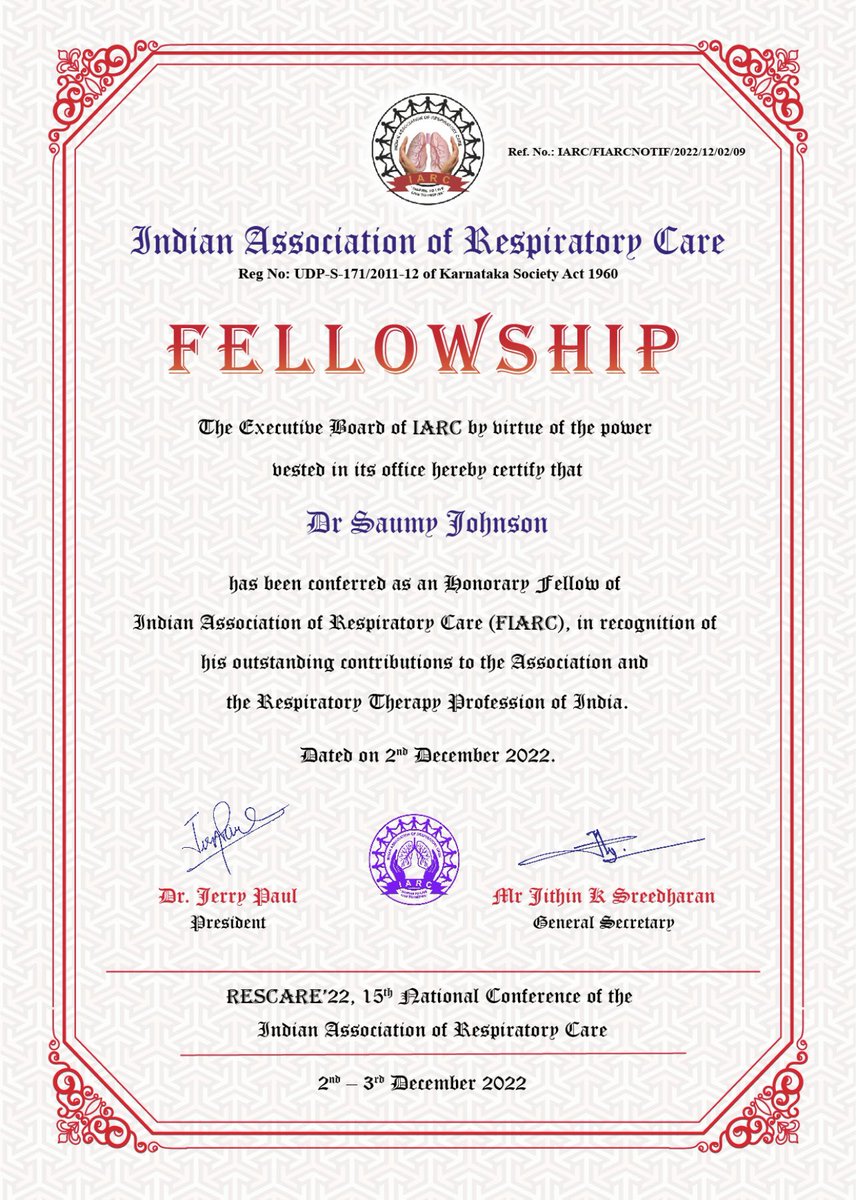 IARCToday's tweet photo. Honorary Fellowship in Respiratory Care is awarded to;
Dr Saumy Johnson MScRT, PhD, FIARC
Fellow of the Indian Association of Respiratory Care 2022
#FIARC #Fellowship #award #RESCARE22
@SJ15754853 @IRCCouncil @MoHFW_INDIA @J @IjrcTweets https://t.co/5EpYL5IWIv