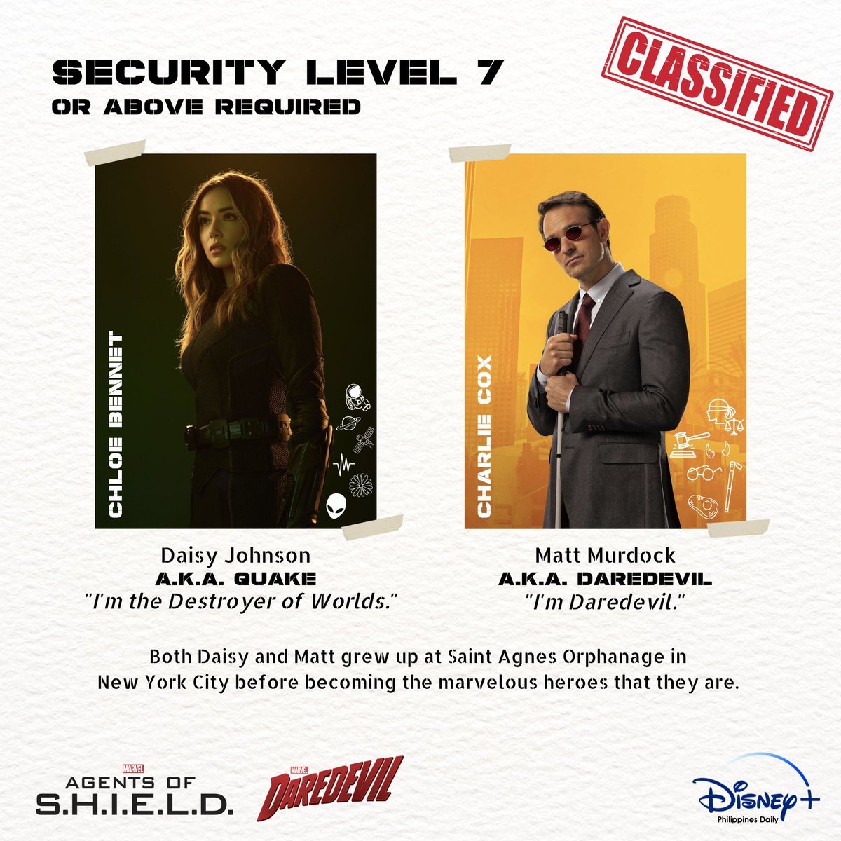 dplusphdaily's tweet photo. Daisy is the Destroyer of Worlds, and Matt is the Devil of Hell's Kitchen.  

Stream all seasons of #AgentsofSHIELD and #Daredevil, available exclusively on #DisneyPlusPH! Daredevil: Born Again premieres in 2024. https://t.co/L9C756bsvd
