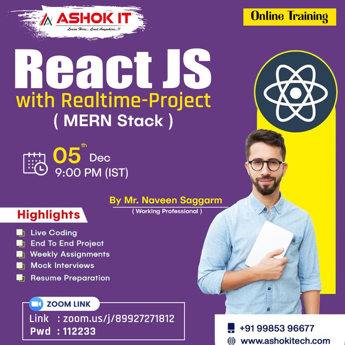 ashokitschool's tweet image. 🛑 React JS 🛑
✍️ Enroll Now : bit.ly/3ErmRiz
👉 Free Demo On 05thDec @ 9:00 PM IST
👉 Join Us In Telegram : bit.ly/3iP2KyA
🌐 Visit : ashokitech.com
CALL NOW: +919985396677
#Reactjsonlinecourse #Reactonlinecourse #reactjscertification #reactjsonline