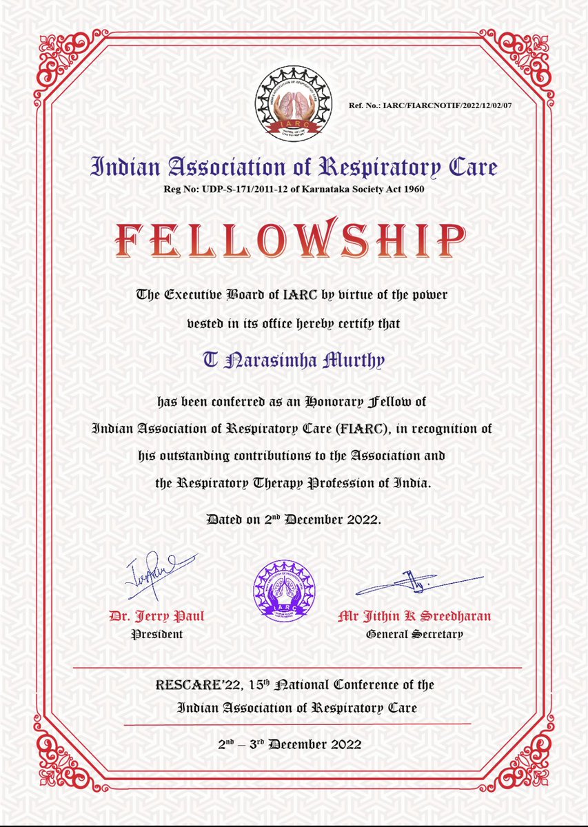 IARCToday's tweet photo. Honorary Fellowship in Respiratory Care is awarded to;
Prof. Dr Jerry Paul, MD, FIARC
T Narasimha Murthy, FIARC
Arthur Sadhanandham, FIARC
Anitha Patil, FIARC
Fellow of the Indian Association of Respiratory Care 2022
#FIARC #Fellowship #award #RESCARE22 https://t.co/Fvmue5375Z
