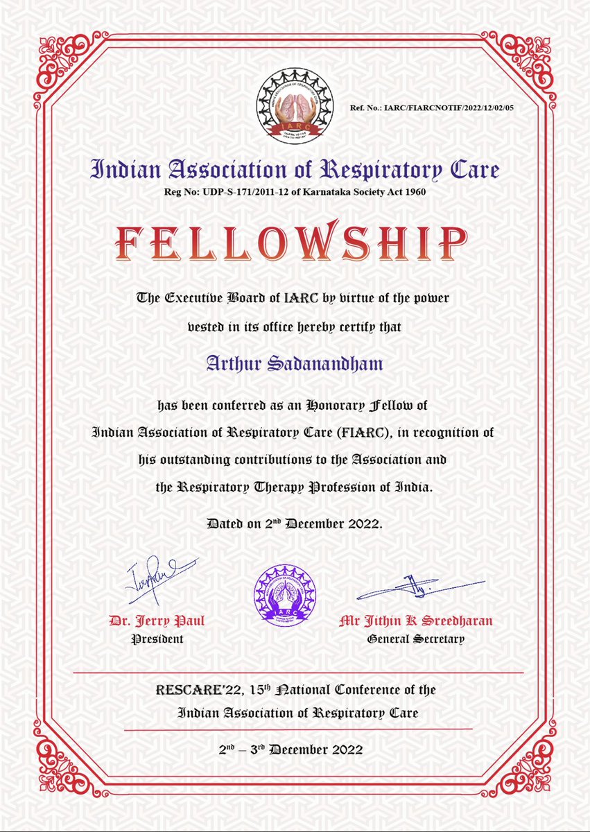 IARCToday's tweet photo. Honorary Fellowship in Respiratory Care is awarded to;
Prof. Dr Jerry Paul, MD, FIARC
T Narasimha Murthy, FIARC
Arthur Sadhanandham, FIARC
Anitha Patil, FIARC
Fellow of the Indian Association of Respiratory Care 2022
#FIARC #Fellowship #award #RESCARE22 https://t.co/Fvmue5375Z