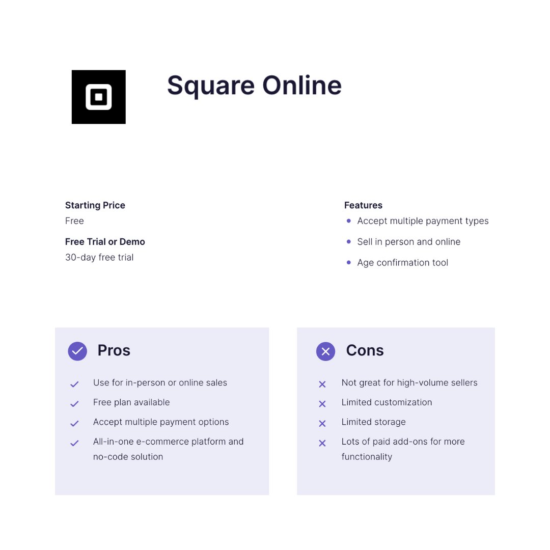 The free plan from Square Online is good enough to get you started right away, but with many limitations — you can only sell online via social media.

#domains #webhosting #hosting #webdesign #startups #webdev #digitalmarketing #business #html #tech #socialmedia #email #Digital
