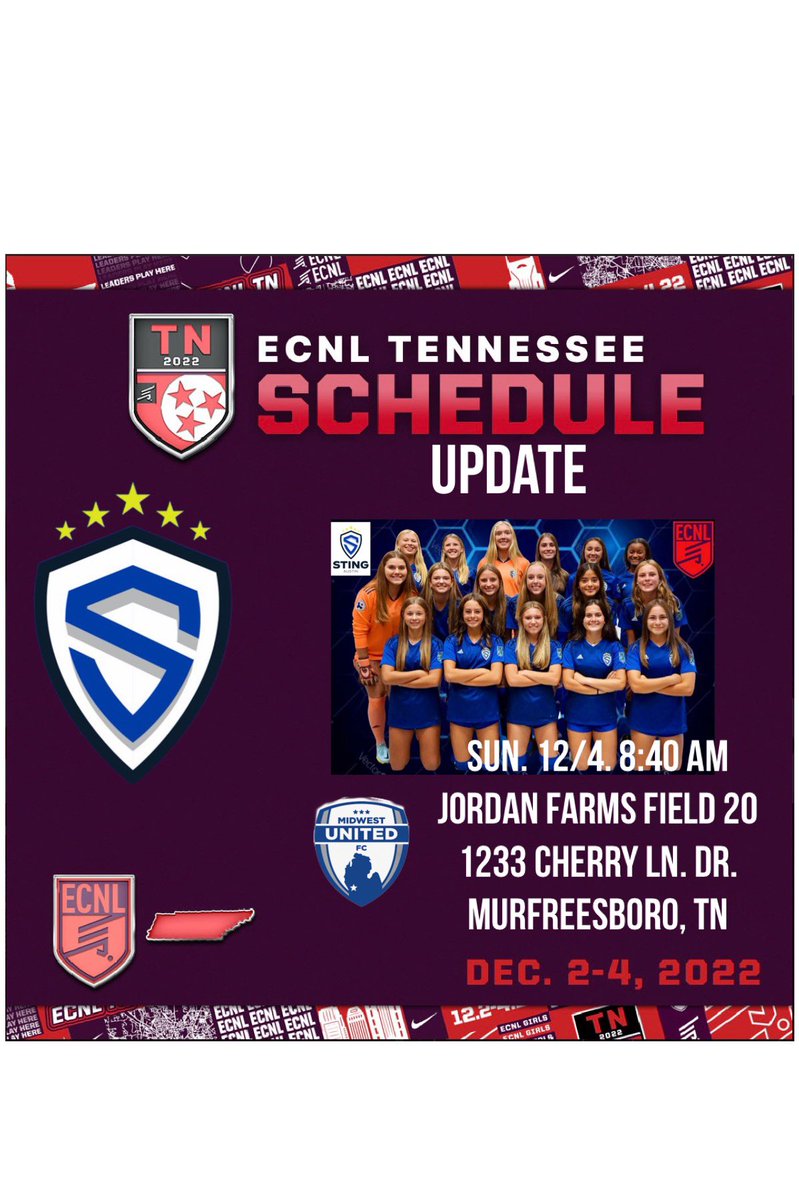 Game time and field change for tomorrow’s game . <a href="/ECNLgirls/">ECNL Girls</a> <a href="/TopDrawerSoccer/">TopDrawerSoccer</a> <a href="/TheSoccerWire/">SoccerWire</a> <a href="/sting_austin/">Sting Austin</a> <a href="/ImYouthSoccer/">ECNL/GA/Recruiting/College Soccer</a>