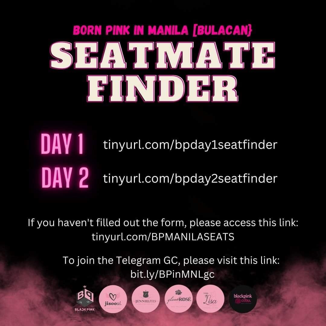 BLACKPINK_PH's tweet photo. [BORN PINK MANILA SEATMATE FINDER]

Fill out the forms for BLINKs to check your section &amp; seat below to know them before the show or possibly be their concert buddy! 

DAY 1: 
https://t.co/5ggcGptIIf

DAY 2: 
https://t.co/5R26YSvy6c

#BORNPINKINMANILA_BULACAN https://t.co/8xFw7I0nUf