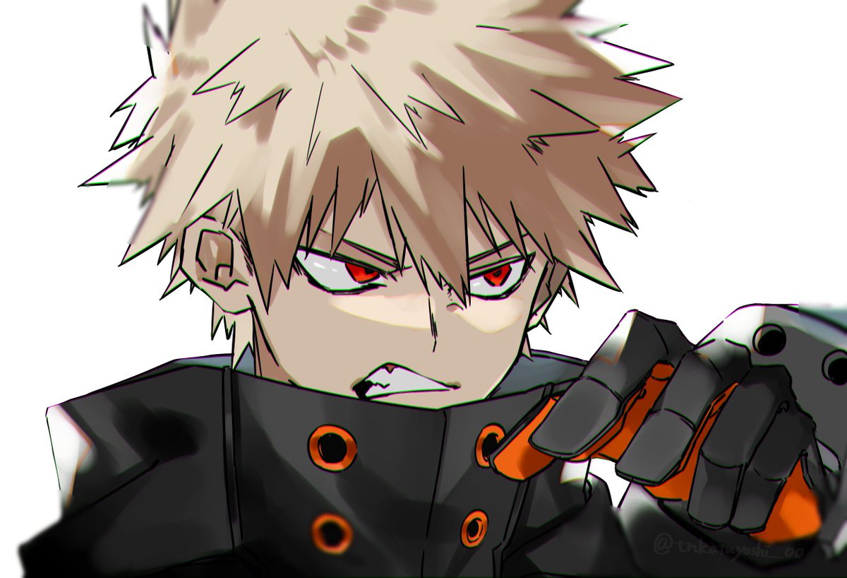 bakugou katsuki male focus 1boy red eyes solo blonde hair spiked hair white background  illustration images