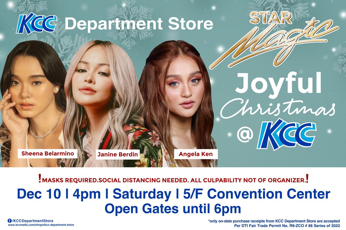 starhuntabscbn's tweet photo. #KCCEvent | It's Joyful Christmas at KCC with the Star Magic Singers Sheena Belarmino, Janine Berdin, and Angela Ken! Live na Live at 5/F KCC Convention Center on December 10, 2022. See you mga Langgaβ€οΈπ₯° https://t.co/7mDpUgxXoZ