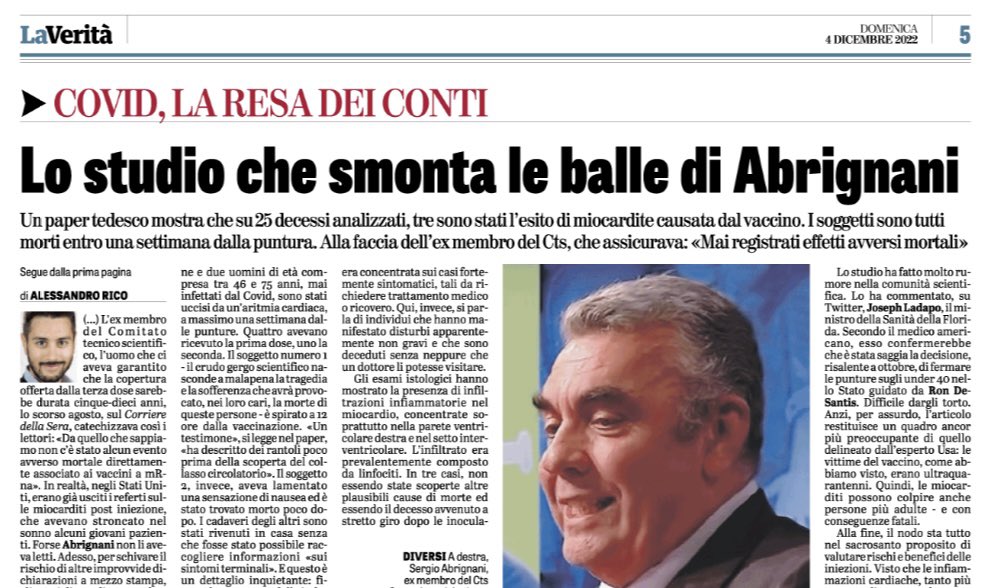 Vi ricordate Abrignani? Mr “Terza dose dura 5-10 anni” sostenne che non c’erano morti causati per i #vaccini a mRna. Eccone quattro, stroncati dalla miocardite in Germania prima di riuscire a chiamare aiuto. Come lo sappiamo? Lì le autopsie le fanno… Su @LaVeritaWeb #COVID19