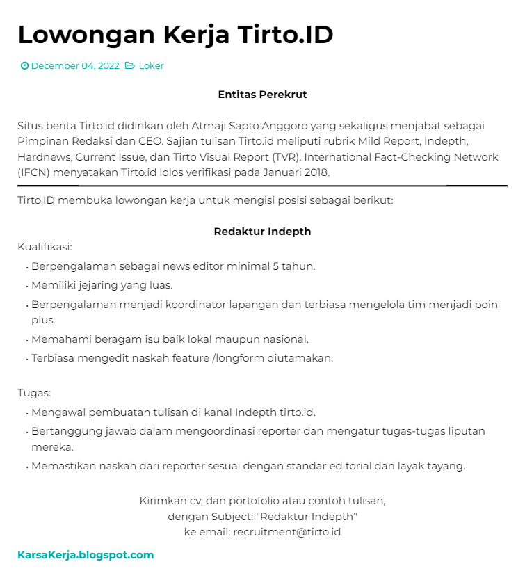 KarsaKerja's tweet photo. Lowongan Kerja di https://t.co/6GgdvPnUyT, posisi Redaktur Indepth.
Lihat: https://t.co/bEWbENw7aR

#infoLoker #lokerTirto #TirtoID #lokerRedaktur #RedakturIndepth #lowonganKerja #loker https://t.co/xM9FB5gws3