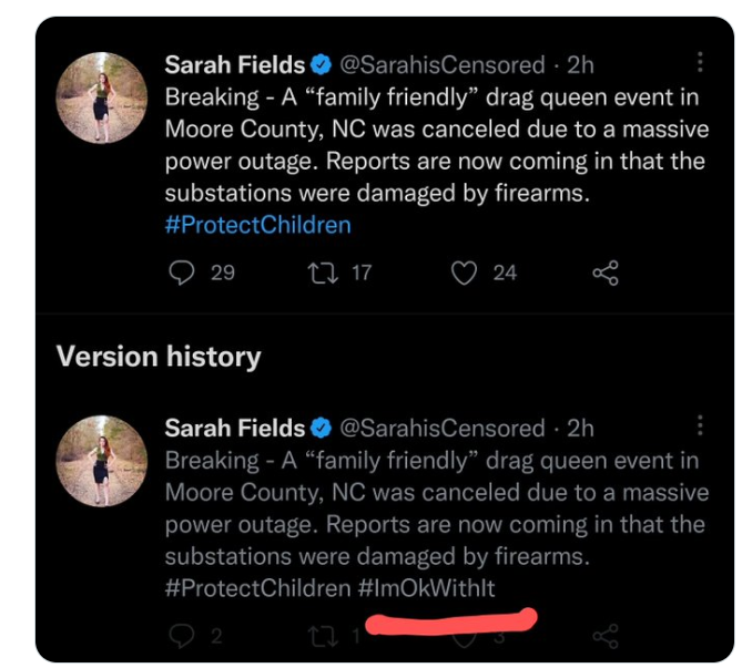LolsysL's tweet photo. Hey @SarahisCensored I am not okay with #children and unarmed #Mothers being potentially killed, because you find Drag Queens 'scway'. #Imnotokwithit #terrorism #Imokwithit if you were actually censored, and stopped putting families in harms way though. https://t.co/EeWGwDspuW
