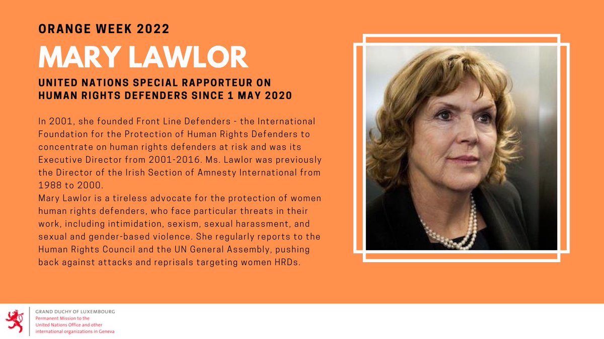 Thank you @LuxembourgtheC1! We need international & independent voices that speak out on violence against women&girls such as @MaryLawlorhrds Who is a female activist who stood & spoke up for violence against women in your country? Over to you @LUinBerlin! #LëtzOrangeTheWorld