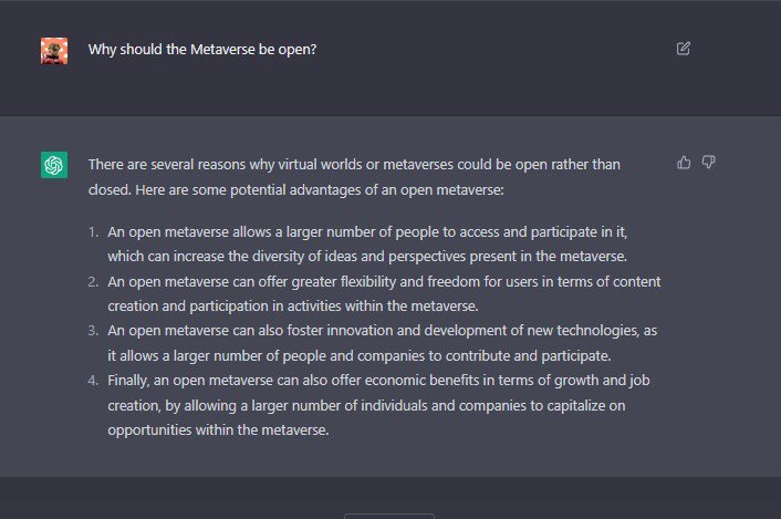 💙 GM! Even <a href="/OpenAI/">OpenAI</a> knows what's best 

#ChatGPT #Metaverse