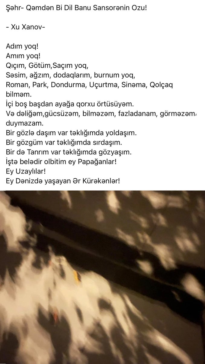 xuxanov's tweet photo. Şəhr- Qəmdən Bi Dil Banu Sansorənin Ozu!

- Xu Xanov- 

#xuxanov #olbit #sansörə #sansorə #şeir #şiir https://t.co/lkmjd34uWV