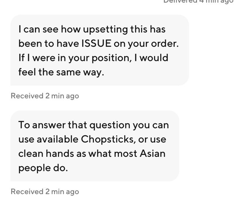 erinlee238's tweet photo. After the restaurant forgot to provide me utensils, Doordash customer service told me to use hands as what most Asian people do, and then, they told me to Google search it … https://t.co/pEQqE1KAv3 😠@DoorDash https://t.co/5IYbfBwbbu