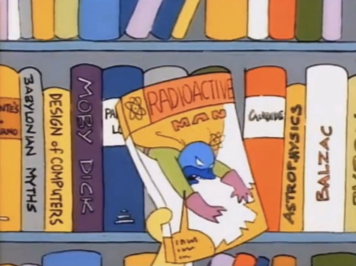 EnzoGarza's tweet photo. I forgot to mention it’s a deep cut throwback to the first season of the Simpsons where Bart finds a Radioactive Man comic. This was my inspiration for the whacky colors on Radioactive Man! https://t.co/48DHs8xXvk