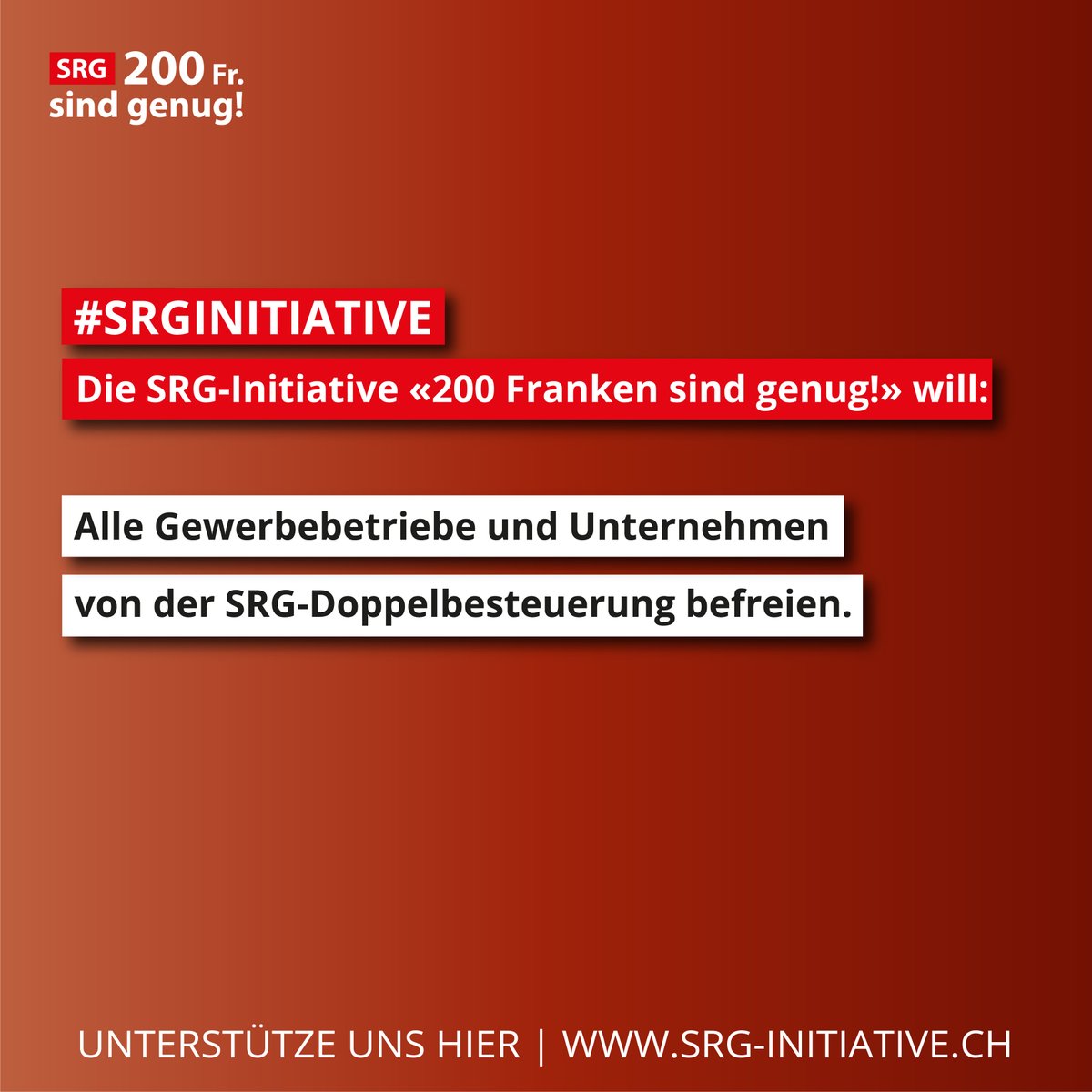 Arbeitgeber und Arbeitnehmer müssen im privaten Haushalt und in ihrer Firma SRG-Gebühren bezahlen. Die SRG-Initiative beseitigt diese ungerechte Doppelbesteuerung! 

#Schweiz #SRGinitiative #initiative