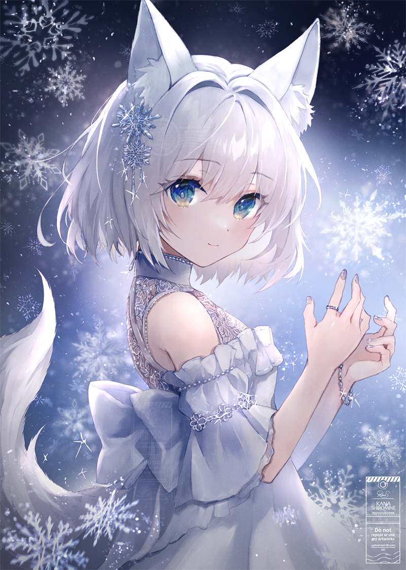 1girl animal ears snowflakes tail solo dress blue eyes  illustration images