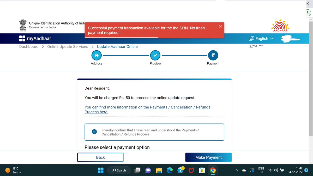 Namratabhalla's tweet photo. @ceo_uidai @UIDAI u need to fix the online update portal. Even after paying, it is not going ahead. And now when i try again, it wont accept a new payment. I need to update my address urgently, please help. @GoI_MeitY @AshwiniVaishnaw https://t.co/EL9ijopB5L