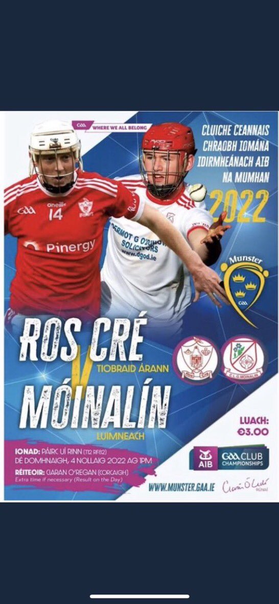 TipperaryGAA's tweet photo. Tipperary’s Premier Intermediate Hurling champions @RoscreaHurling travel to Pairc Uí Rinn in Cork today where they will play Monaleen in the Munster Final. We wish the players, team management and supporters the very best of luck in what should be a gripping encounter. https://t.co/liAE4OaPfv