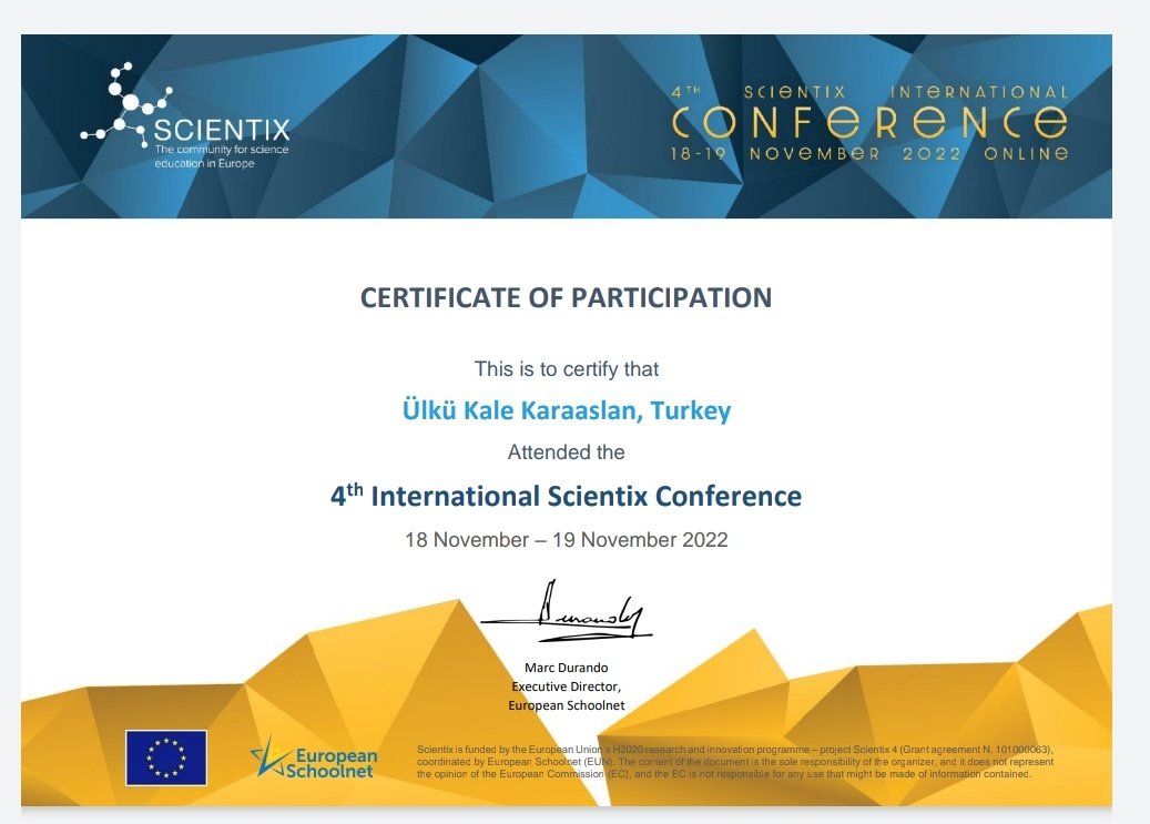 ulku42's tweet image. Here is my 4th International Scientix Conference participation certificate. Thanks @scientix_eu