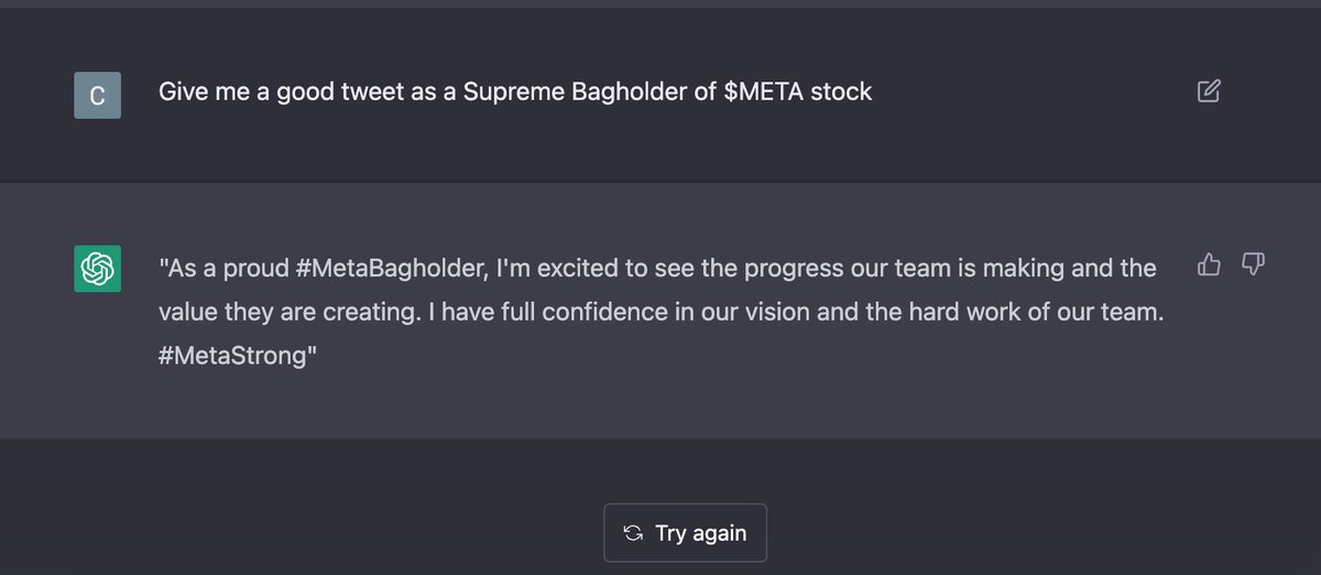 SupBagholder's tweet photo. As a proud #MetaBagholder, I'm excited to see the progress our team is making and the value they are creating. I have full confidence in our vision and the hard work of our team. #MetaStrong https://t.co/cNUN6B0YNX