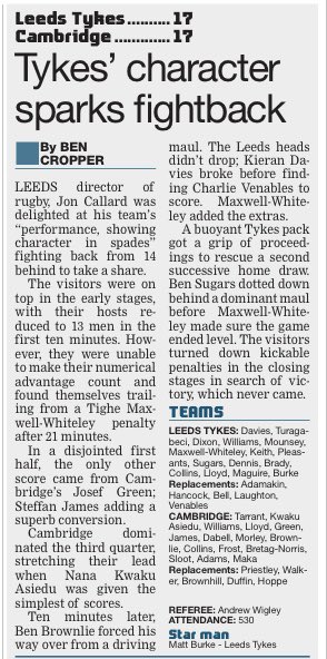 Here’s the <a href="/LeedsTykes/">Leeds Tykes RUFC</a> v <a href="/camrufc/">Cambridge Rugby 🏉</a> match report taken from <a href="/TheRugbyPaper/">The Rugby Paper</a>