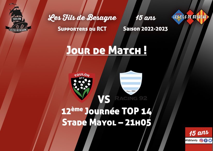 FilsdeBesagne's tweet photo. 𝙅𝙤𝙪𝙧 𝙙𝙚 𝙢𝙖𝙩𝙘𝙝 !
🏉 Toulon / Racing 92
🗓 12ème Journée Top 14 
🏟 Mayol
⏰ 21h05
🍻 Avant et après-match au #Besagne 
#RCTR92 https://t.co/nYgKELgxcq