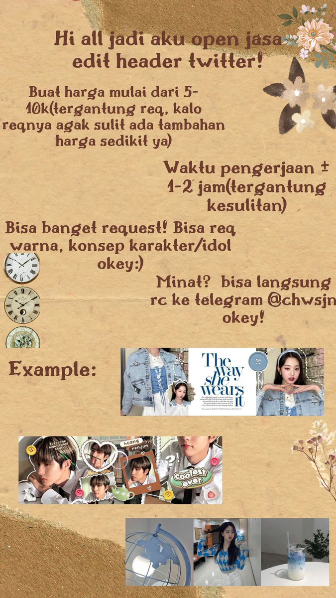 HAI HAI SEMUA👋, JADI AKU LAGI OPEN JASA EDIT HEADER TWITTER GITU😁, BUAT NAMBAH' UANG JAJAN LAH YA. ANW BOLEH TOLONG RT/LIKE TWEET INI? THANK U SM SEBELUMNYA YAA! BUAT YANG MINAT BOLEH RC KE TELE YANG ADA DI GAMBAR YA:D. UNTUK PEMBAYARAN PAKAI SHOPEEPAY OKAY, HAVE A NICE DAY 😻!