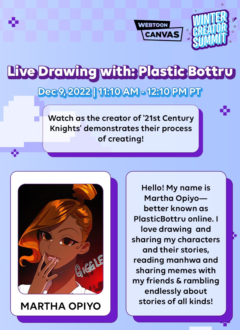 webtooncanvas's tweet photo. The creator of WEBTOON ORIGINALS series #21stCenturyKnights, @plasticbottru, will be hosting a Live Drawing session at the #CANVASCreatorSummit happening on Dec 9!
Have you reserved your ticket #WEBTOONCANVAS creators? 👇
➡️ https://t.co/qqWdN98rb2 https://t.co/cH6JZGlfXt