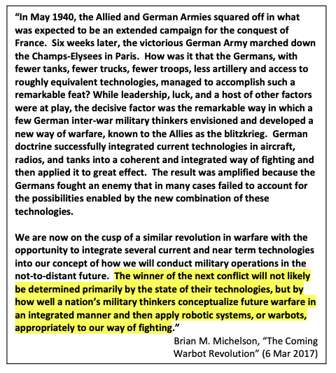 d0tslash's tweet photo. winner of the next conflict will not likely be determined primarily by the state of their technologies, but by how well a nation’s military thinkers conceptualize future warfare in an integrated manner & then apply robotic systems, or warbots, appropriately to our way of fighting https://t.co/SBuUZEHDam