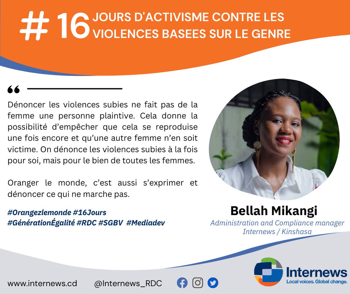 Dénoncer les violences subies ne fait pas de la femme une personne plaintive. Oranger le monde, c'est aussi s'exprimer et dénoncer ce qui ne marche pas.

 #OrangezLeMonde #16jours #GénérationÉgalité #RDC #SGBV