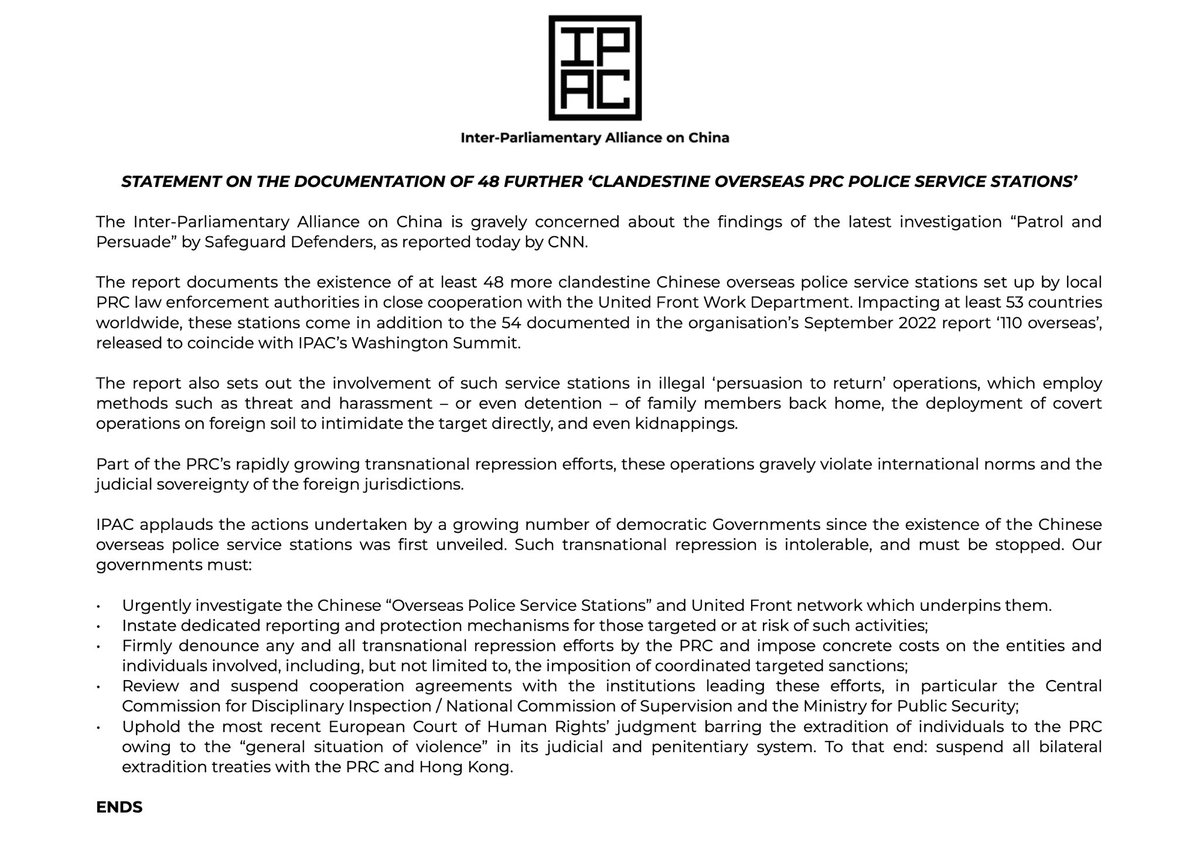 #BREAKING new @SafeguardDefend investigation reported by @CNN @NdosSantosCNN discovers 48 new clandestine 🇨🇳 “overseas police stations”. 

#IPAC statement endorsed by politicians from 13 countries.