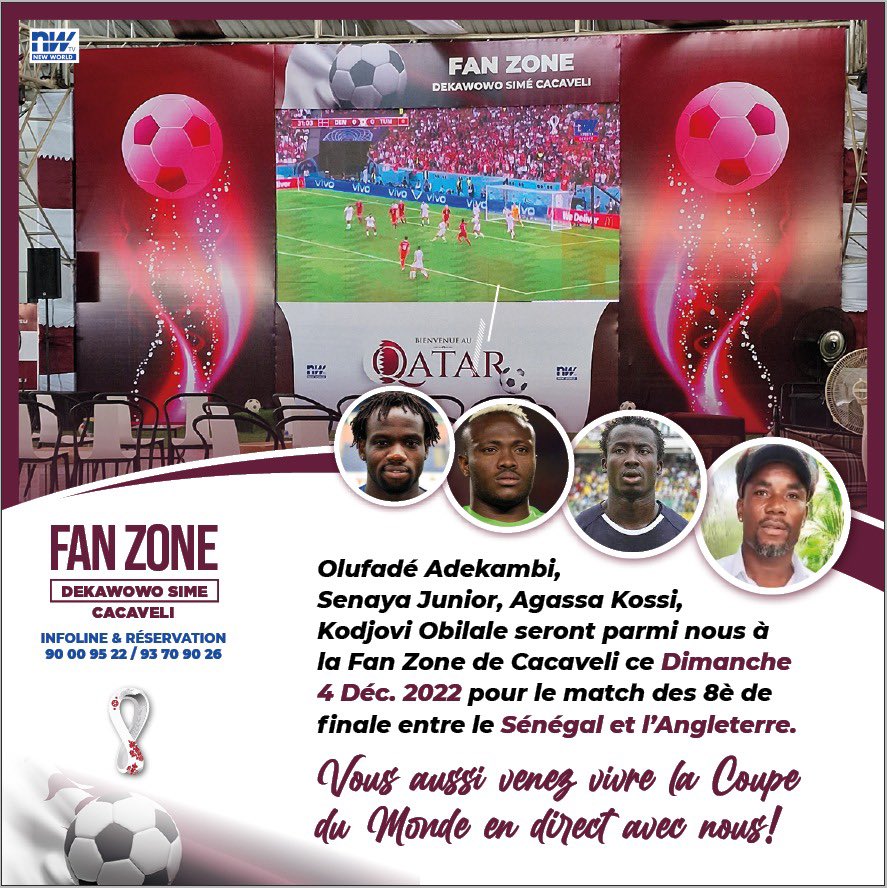 #Qatarworldcup2022: Vivez la coupe du monde au marché de Cacaveli Dékawõwõ Simé dans un endroit confortable les bons moments avec des ex internationaux. Ils seront là ce soir pr les 1/8è de finale opposant 🇬🇧 au 🇸🇳
<a href="/AgassaK/">Agassa kossi</a>, <a href="/augamega1/">AMEGA Augustin</a> <a href="/AlainAnifrani/">Alain ANIFRANI</a> <a href="/AtsouFiacre/">ATSOU Fiacre</a> 
#TgTwittos