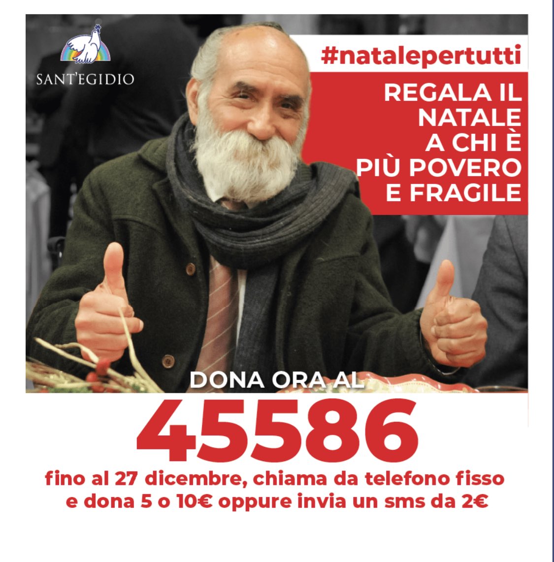 santegidionews's tweet photo. Un numero perché sia #natalepertutti! Anche quest’anno, da oggi fino al 27 dicembre, aggiungiamo un posto alla tavola del Natale di Sant’Egidio con il numero solidale 45586 https://t.co/U18RjiAvv5