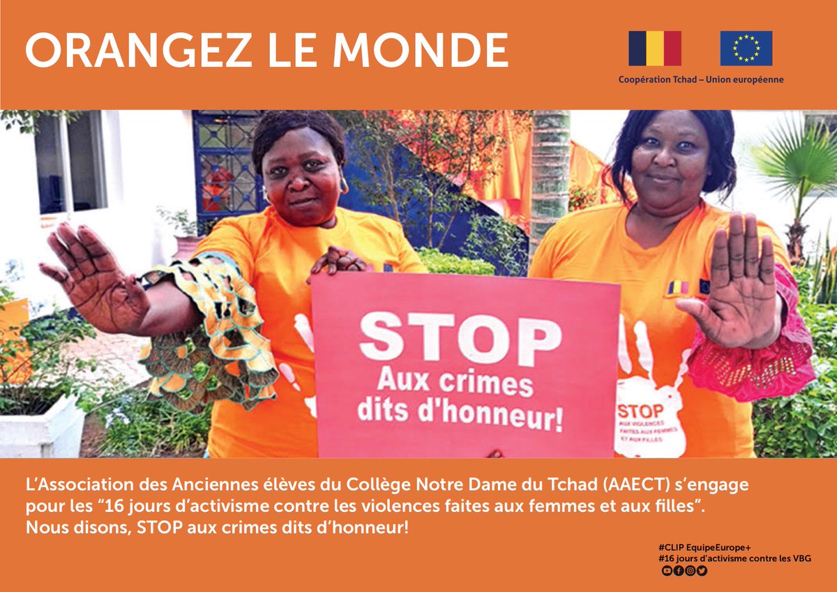 UEauTchad's tweet photo. ORANGEZ LE MONDE !
L'UE au Tchad et les organisations de la société civil tchadiennes disent ensemble STOP AUX CRIMES DITS D'HONNEUR !
#CLIPEquipeEurope #16joursdactivismecontrelesVBG @fondazioneacra https://t.co/FHDtkuIjsB
