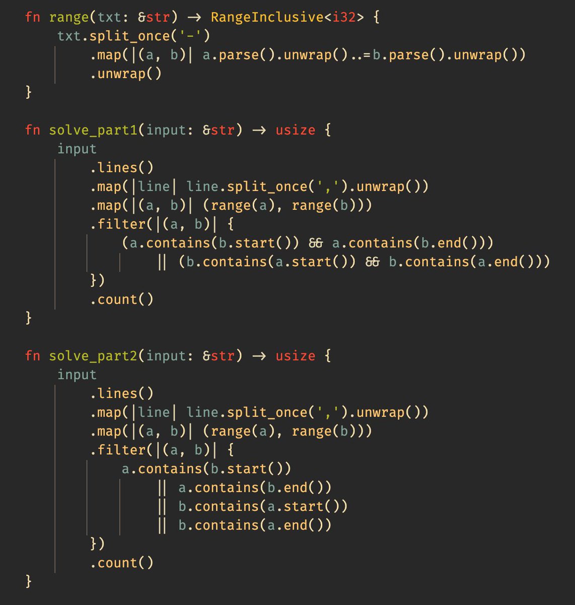 ChevyRay's tweet image. rust #AdventOfCode2022 day 4. didnt really enjoy this one either, but heres the code