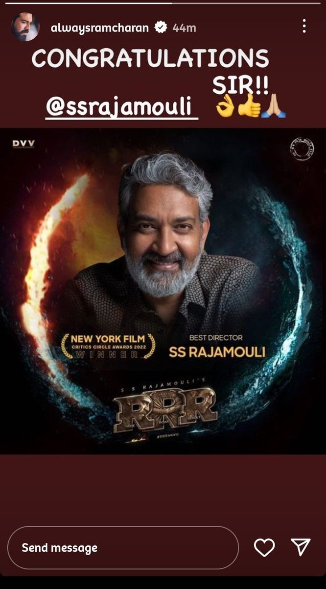 AlwaysAkashRC's tweet image. CONGRATULATIONS SIR!! @ssrajamouli 👌🏻🙏🏻❤️

@AlwaysRamCharan Latest Insta Story!!❤️🤗

#TrueLegend #NYFCC