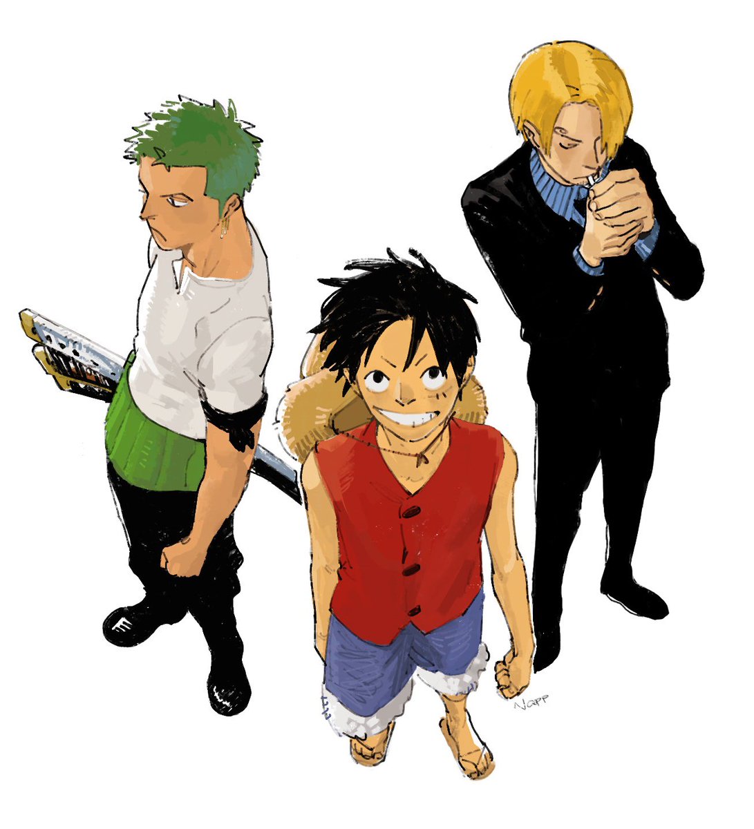 monkey d. luffy ,roronoa zoro 3boys male focus multiple boys green hair blonde hair suit formal  illustration images