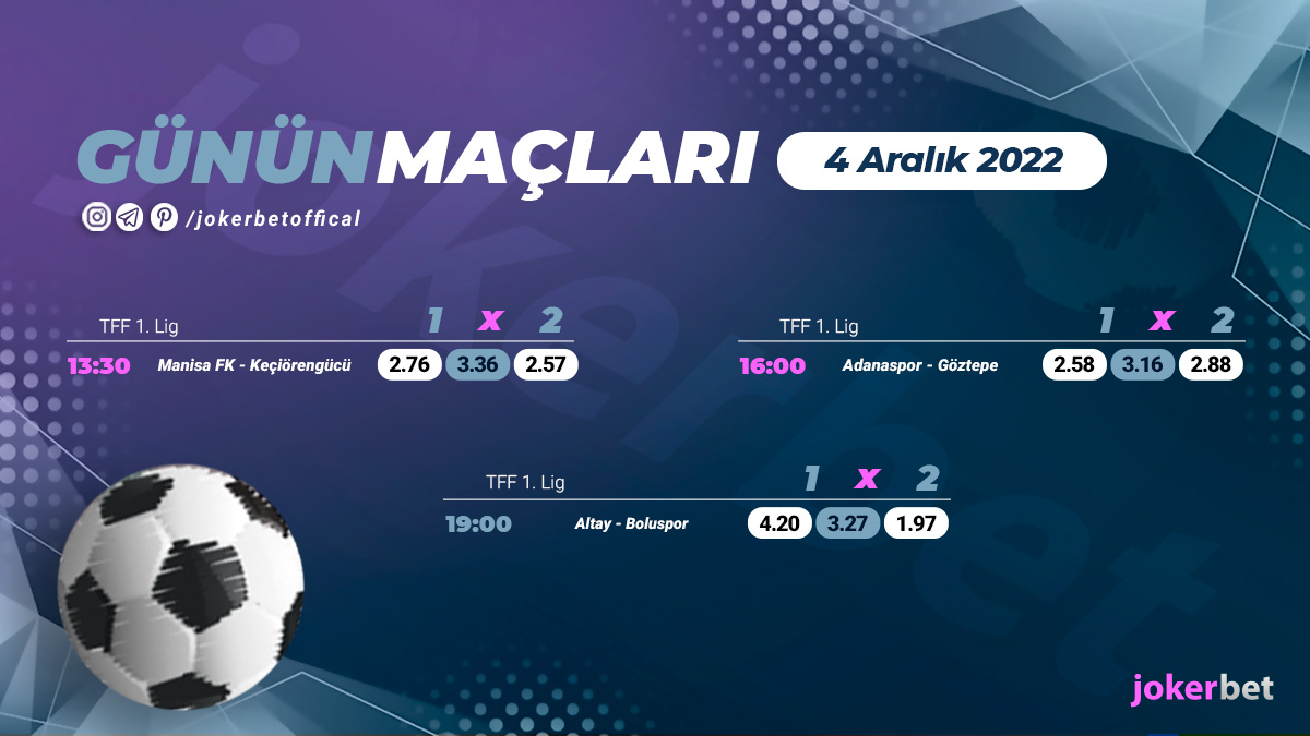 🇹🇷13:30 | Manisa FK - Keçiörengücü
🇹🇷16:00 | Adanaspor - Göztepe
🇹🇷19:00 | Altay - Boluspor

💰bit.ly/jokerbetcasino
📺bit.ly/jokerbetTV
#jokerbet #bahis #bet #iddaa #canliyayin 
#WorldCup2022 #WorldcupQatar2022 #cumartesi #FIFAWorldCup #TFF1Lig