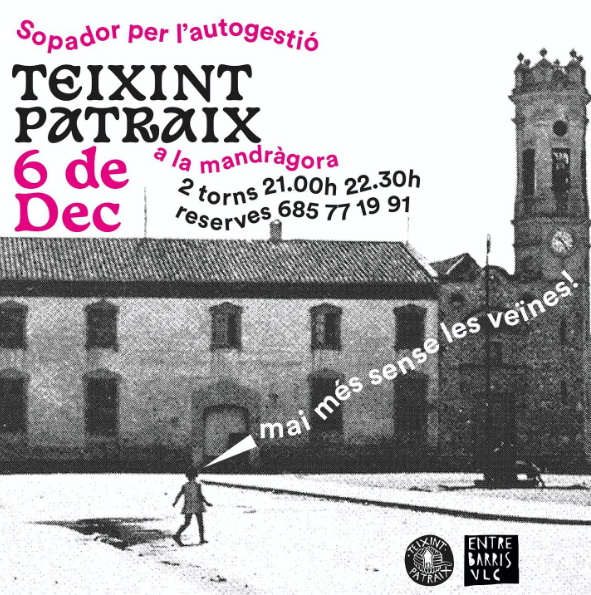 TeixintPatraix's tweet photo. Perquè en un festiu nacional la militància també és barrial!

🗓️ Dimarts 6 de desembre (Demà)
📍 A la Mandràgora (c/Mare Vella, 15).
📞 Cal reservar al 685.771.991
✌️ Dos torns: A les 21h i a les 22.30h

#Maiméssenselesveïnes
#Laclauésestarjuntes https://t.co/ya8WNSRcxh