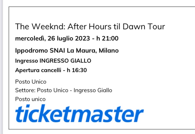 faburzio's tweet photo. #vendobiglietto Vendo 2 biglietti eticket prato posto unico ingresso giallo #TheWeeknd Ippodromo Snai IDays 26/7/23 a 90€ l’uno tutto compreso
#theweekndmilan #concerto #biglietto #idays https://t.co/ukLUbC0PGR